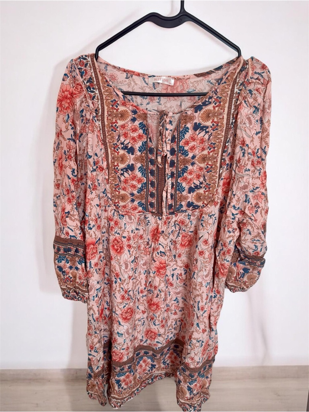 BLUETIME Boho Floral Peasant Dress Long Sleeve Women’s 3XL Pink Floral